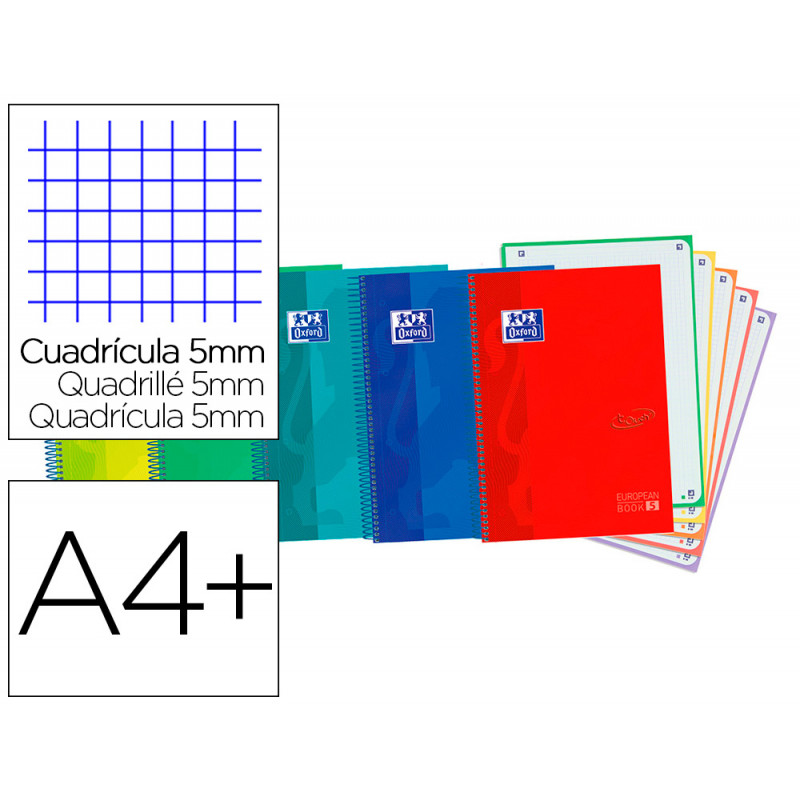 Cuaderno espiral oxford ebook 5 tapa extradura din a4+ 120 h microperforadas cuadro 5 mm colores vivos surtidos