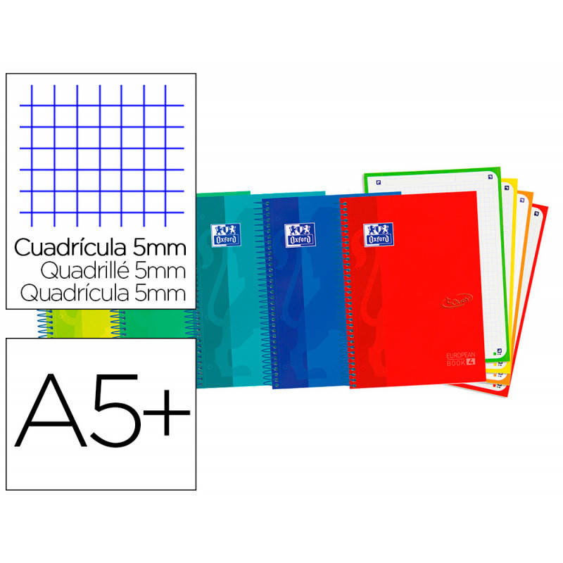 Cuaderno espiral oxford ebook 4 tapa extradura din a5+ 120 h microperforadas cuadro 5 mm colores vivos surtidos