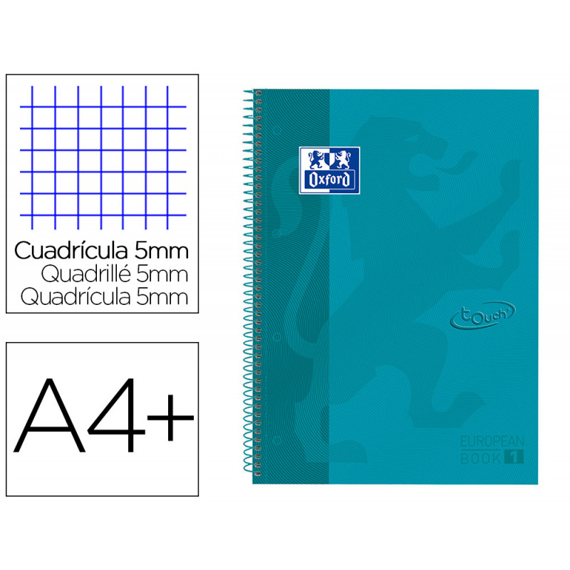 Cuaderno espiral oxford ebook 1 tapa extradura din a4+ 80 h cuadricula 5 mm aqua intenso touch