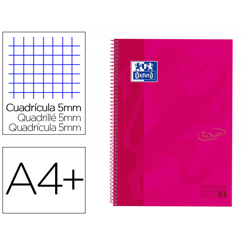 Cuaderno espiral oxford ebook 1 tapa extradura din a4+ 80 h cuadricula 5 mm rosa frambuesa touch
