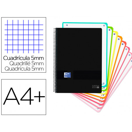 Cuaderno espiral oxford ebook 8 tapa plastico din a4+ 160 h cuadricula 5 mm black\'n colors turquesa