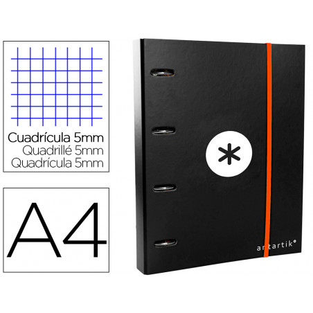 Carpeta con recambio y solapa liderpapel antartik a4 cuadro 5 mm forrada 4 anillas redondas 40mm color negra