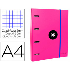 Carpeta con recambio y solapa liderpapel antartik a4 cuadro 5 mm forrada 4 anillas redondas 40mm color rosa