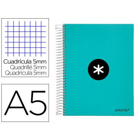 Cuaderno espiral liderpapel a5 micro antartik tapa forrada120h 100 gr cuadro 5 mm 5 band6 taladros color menta