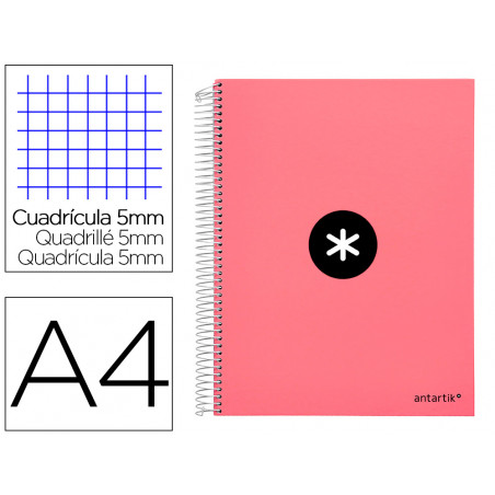 Cuaderno espiral liderpapel a4 micro antartik tapa forrada120h 100 gr cuadro 5mm 5 banda4 taladros color coral
