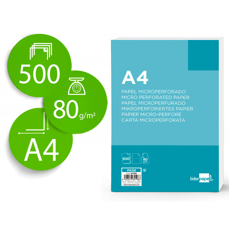 Papel liderpapel a4 80g/m2 liso microperforado en dos partes iguales paquete de 500 hojas fsc