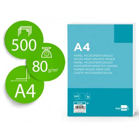 Papel liderpapel a4 80g/m2 liso microperforado en dos partes iguales paquete de 500 hojas fsc