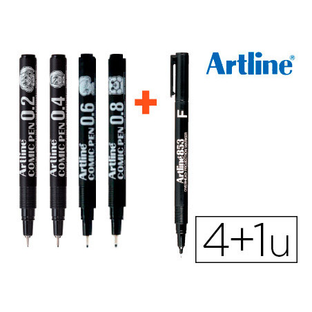 Rotulador artline comic pen calibrado micrometrico negro bolsa de 3 uds 0,2 0,4 0,8 + permanente 853