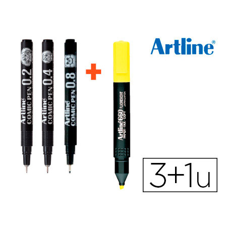 Rotulador artline comic pen calibrado micrometrico negro bolsa de 3 uds 0,2 0,4 0,8 + fluorescente 660
